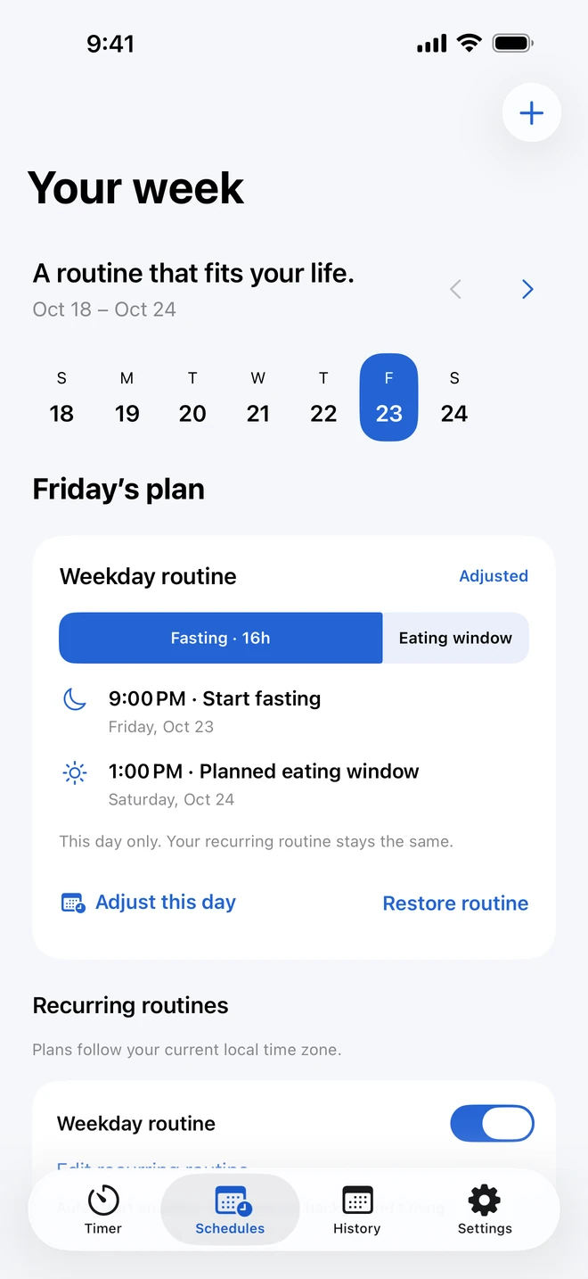 TrueFast weekly planner with recurring fasts and a one-day adjustment