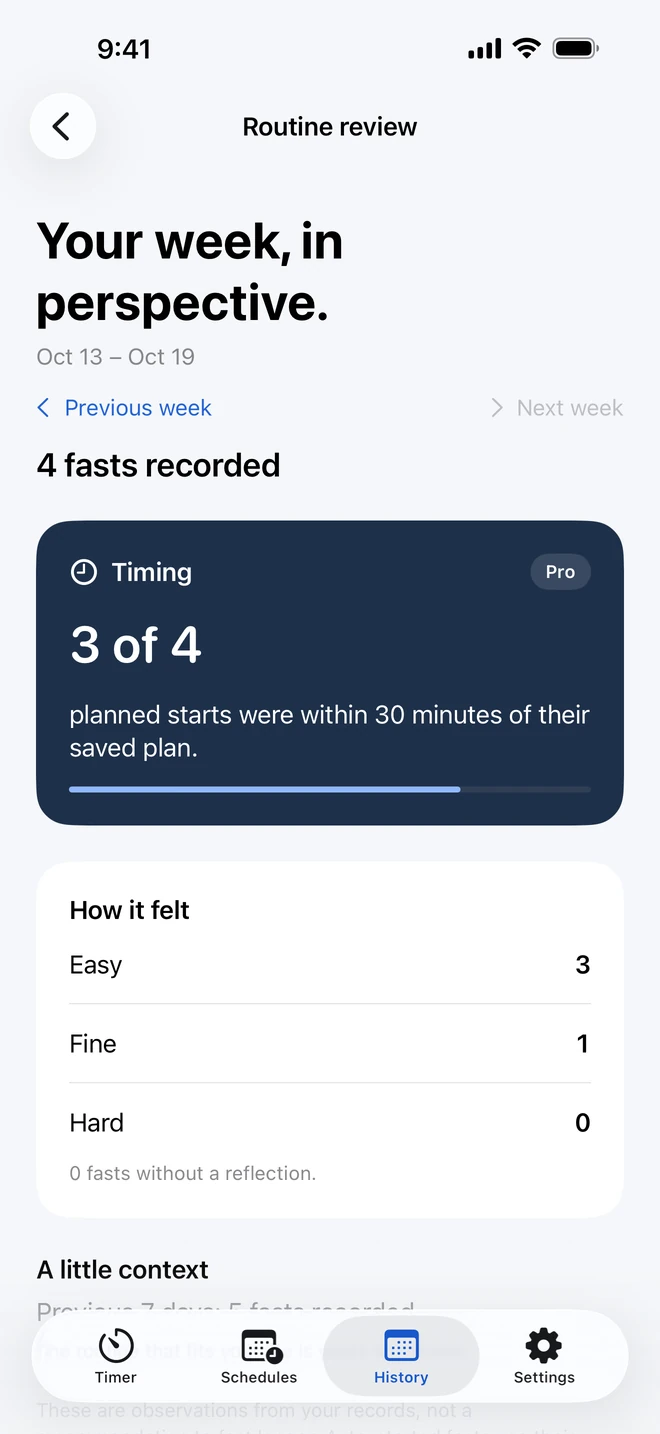 Private routine review showing start timing, recorded reflections, sample counts and dates