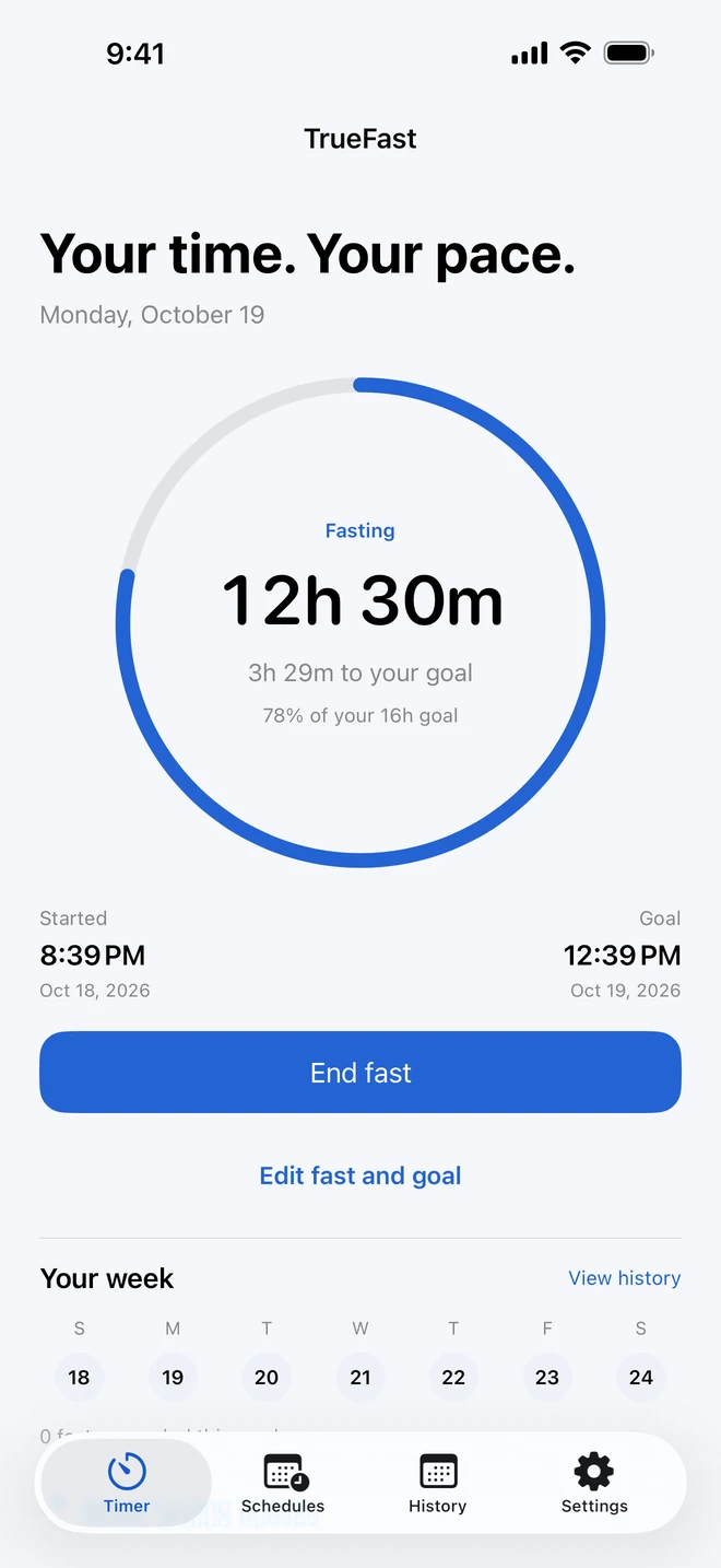 TrueFast 2.0 timer showing fasting progress, the goal, and a clear End fast action